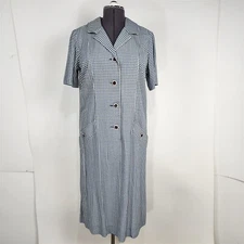 Vintage 1960s Nelly Don Blue & White Gingham Plaid Jersey Knit Dress Volup