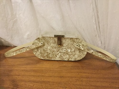 VINTAGE IRIDESCENT GOLD THREADED CREAMY CONFETTI LUClTE PURSE - Picture 2 of 12