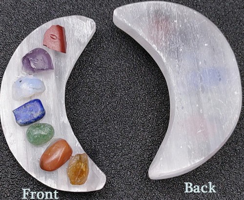 Selenite Moon Bowl With 7 Chakra Stones Charging Crystal Ritual Reiki & Gift Box