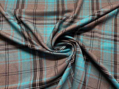 Scottish Tartan Check Fabric Material DESIGN 53 TURQOUISE GREY - Picture 1 of 3