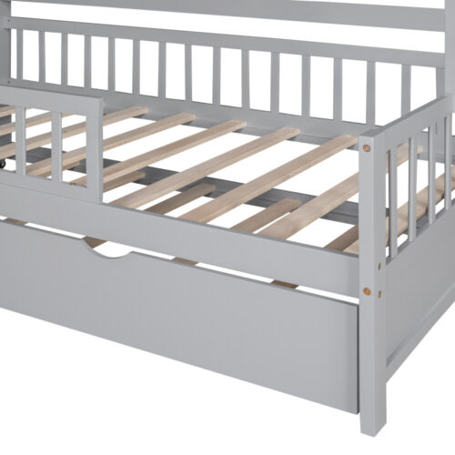Wooden Twin Size House Bed with Trundle and Storage, Kids Bed with Shelf, Gray - Picture 15 of 15