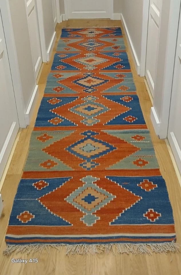 Tapis kilim en laine tissé à la main 350x87cm galerie couloir - Photo 1/2