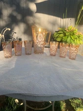 Jeannette Glass Co. Pitcher and Six Tumblers Set Vintage Cosmos Marigold Color 