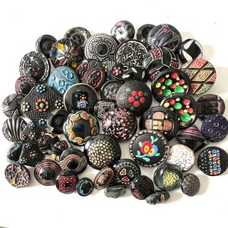 Lot 54 Vintage Modern Black Glass Buttons with Painted details 7/16 13/16”