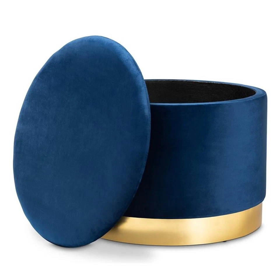 Baxton Studio Marisa Navy Blue Velvet Upholstered Gold Finished Storage Ottoman - Image 2 of 4