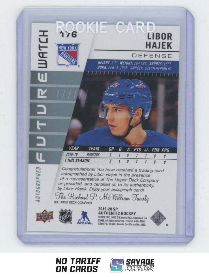2019-20 SP Authentic Future Watch Auto Libor Hajek /999 . #176 New York Rangers - Image 2 of 3