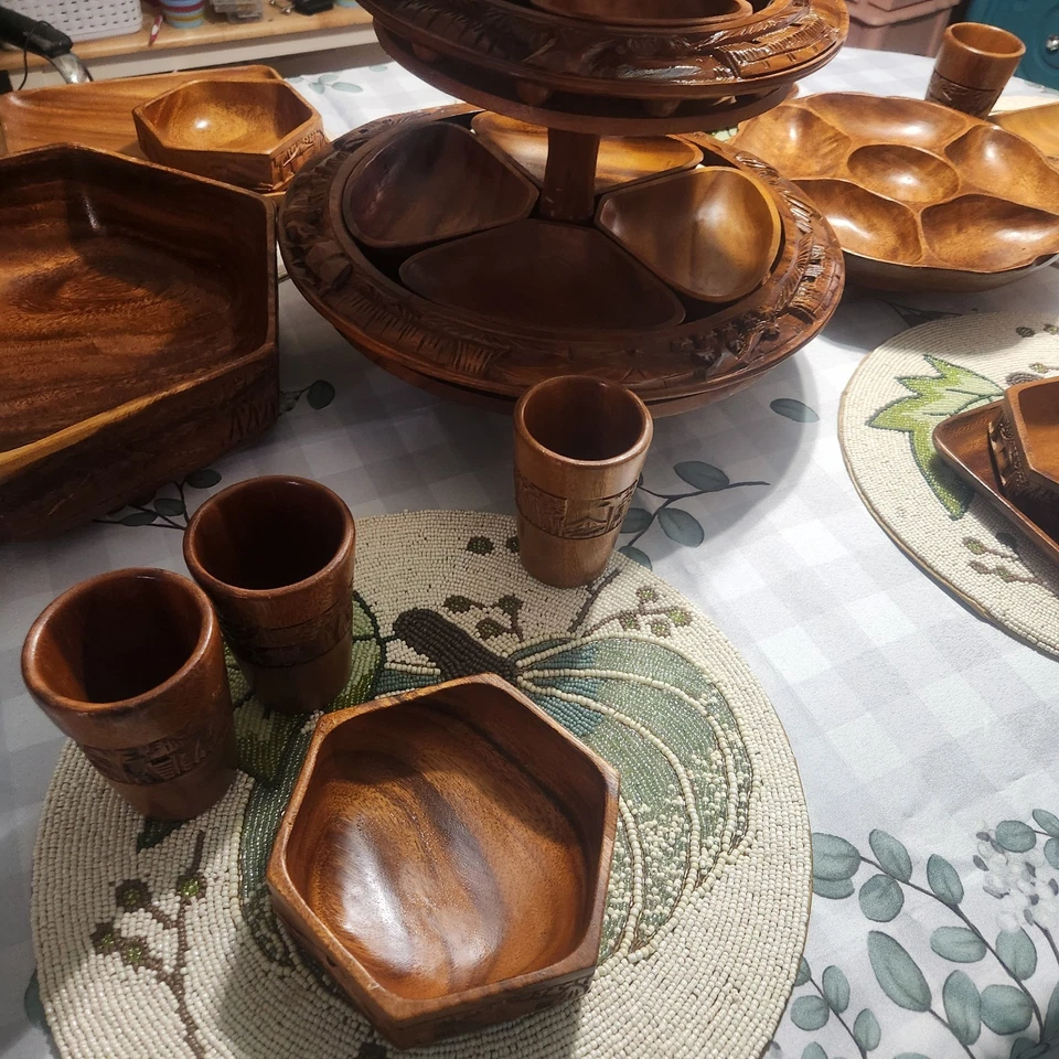 Vintage Hand-Carved Philippine Acacia Wood Dinnerware Set - Image 3 of 4