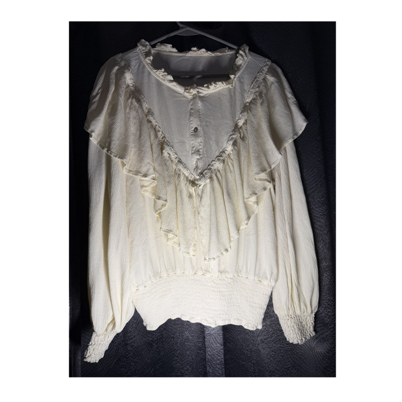 oli & Hali Ivory Ruffle Button V-Neck Long Sleeve Rayon Blouse Women's L