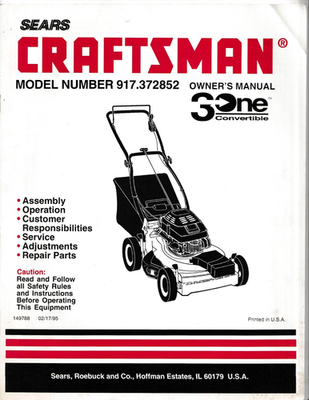 SEARS CRAFTSMAN Push Lawn Mower Model 917.372852 Convertible