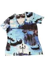 Y2K Karen Kane Venice Italy Allover Print Top Sz Large Blue Fitted Short Sleeve