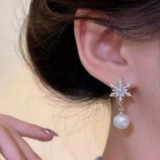 Snowflake earrings pearl winter fashion jewelry NEW Free Ship 1.2 inch