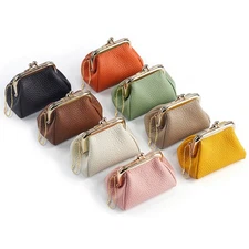 Women's Small Wallet Genuine Leather Mini Metal Frame Double Clasp Coin Purse