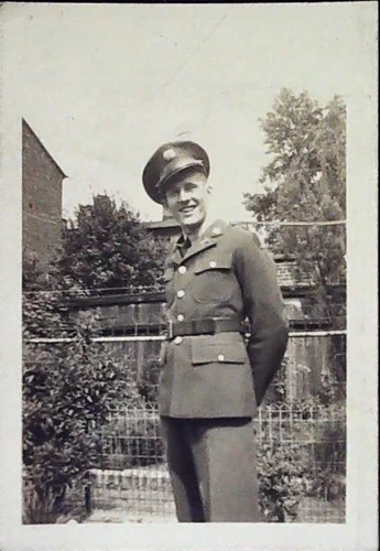 WWII Soldier Smiling Uniform Photo Snapshot Military Garden Pose Fence 1940s 971