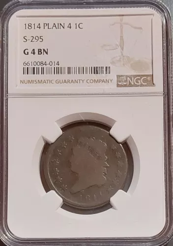 1814 CLASSIC HEAD LARGE CENT 1c S-295 Plain 4 Slabbed NGC G4 Antique US Coin