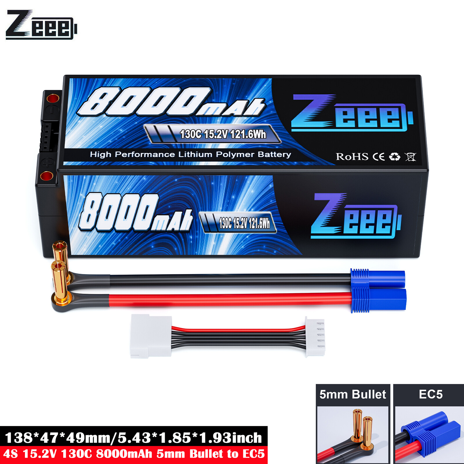 Batería Zeee 4S 15.2V Lipo 8000mAh 130C 5mm Bullet to EC5 HV-LiPo para RC Auto Boats