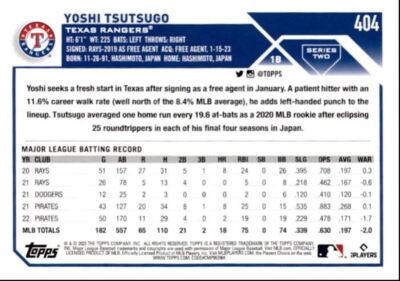 鳥23 2023 Topps Baseball Cards Yoshi Tsutsugo Texas Rangers #404