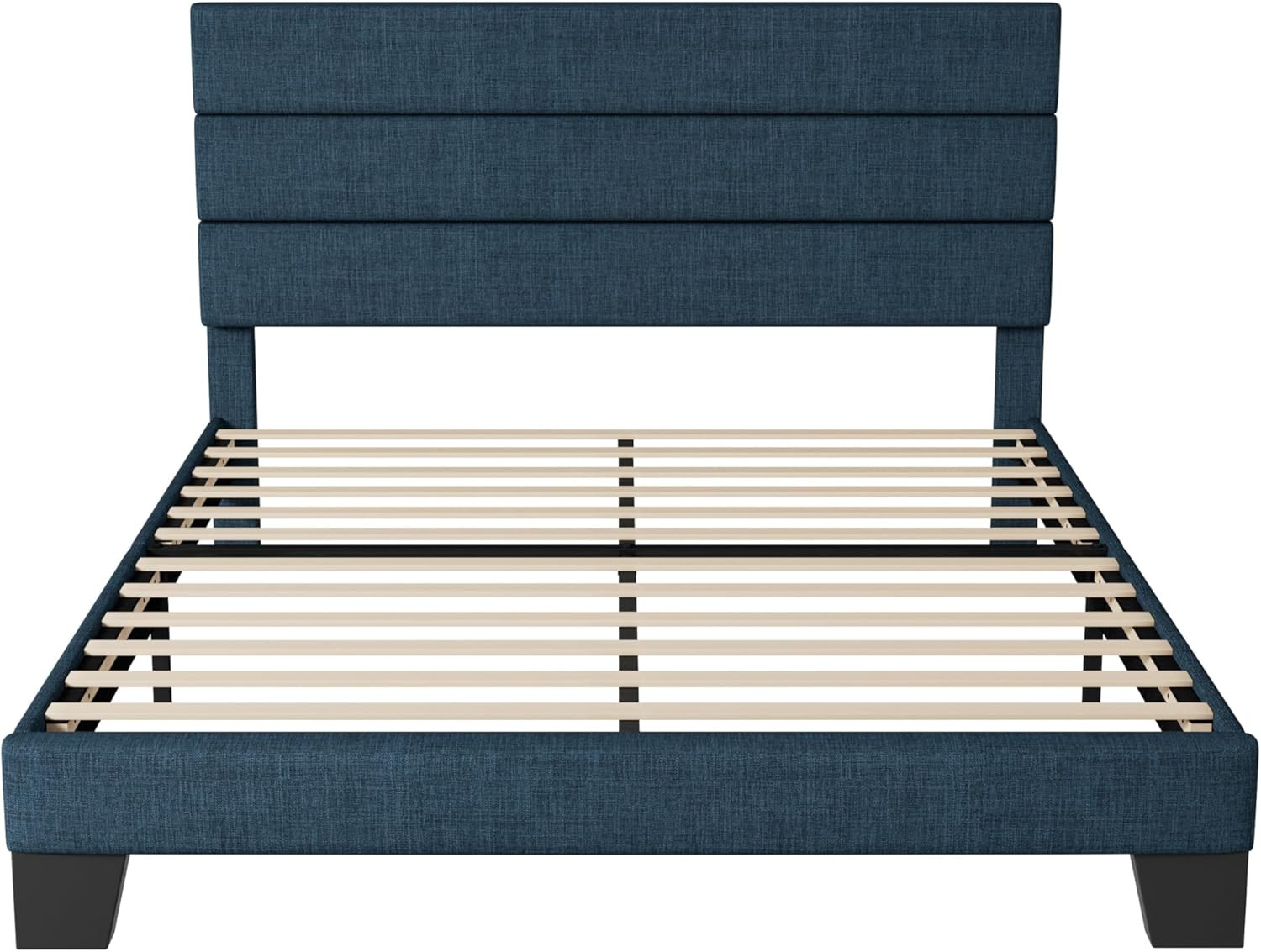 Navy Blue Upholstered Platform Bed Frame with Wooden Slats - Easy Assembly