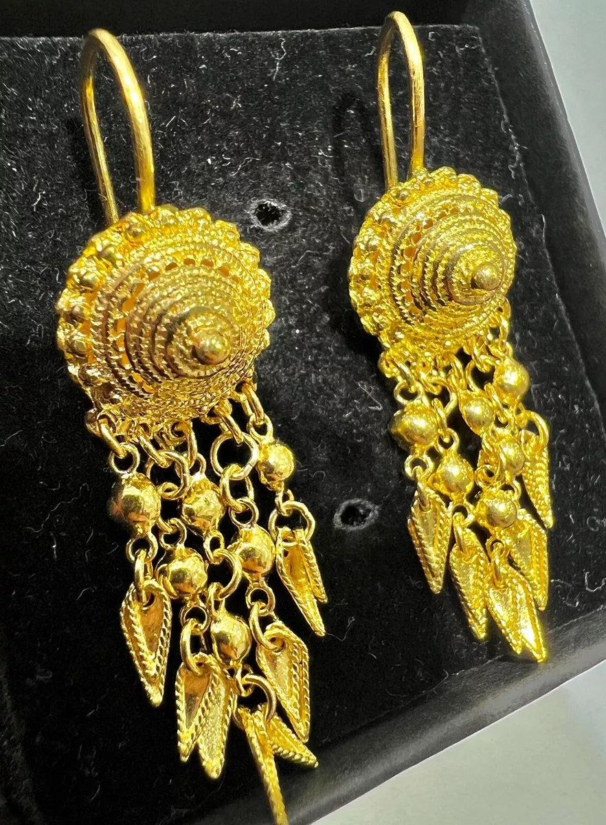 24K Solid Yellow Gold Thai/Lao/Hmong Style Dangle Hook Earrings