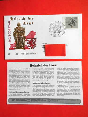 List List pierwszego dnia obiegu RFN 1995 Rocznica śmierci H. dem Lwa Mi. nr 1805 Stempel FDC - Zdjęcie 1 z 2
