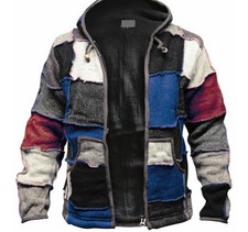 Mens Patchwork Pocket Hippy Winter Zip Knit Fluff Hooded Cardigan Casual Jacket