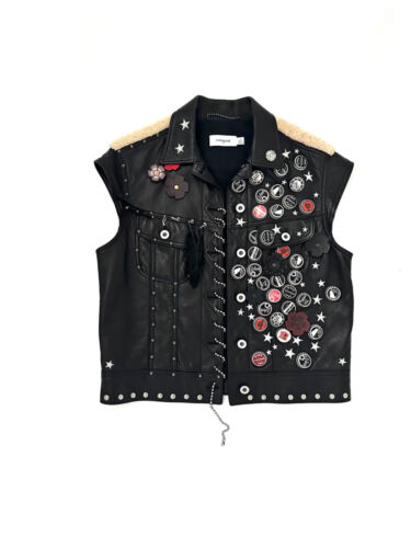 Coach Embellished Cap Sleeve Black Leather Vest Size 2 - Picture 2 of 12
