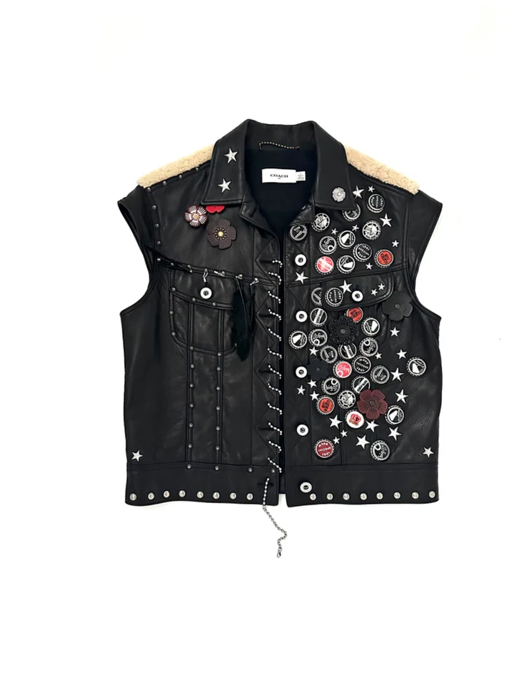 Coach Embellished Cap Sleeve Black Leather Vest  Size 2 - Image 2 of 4