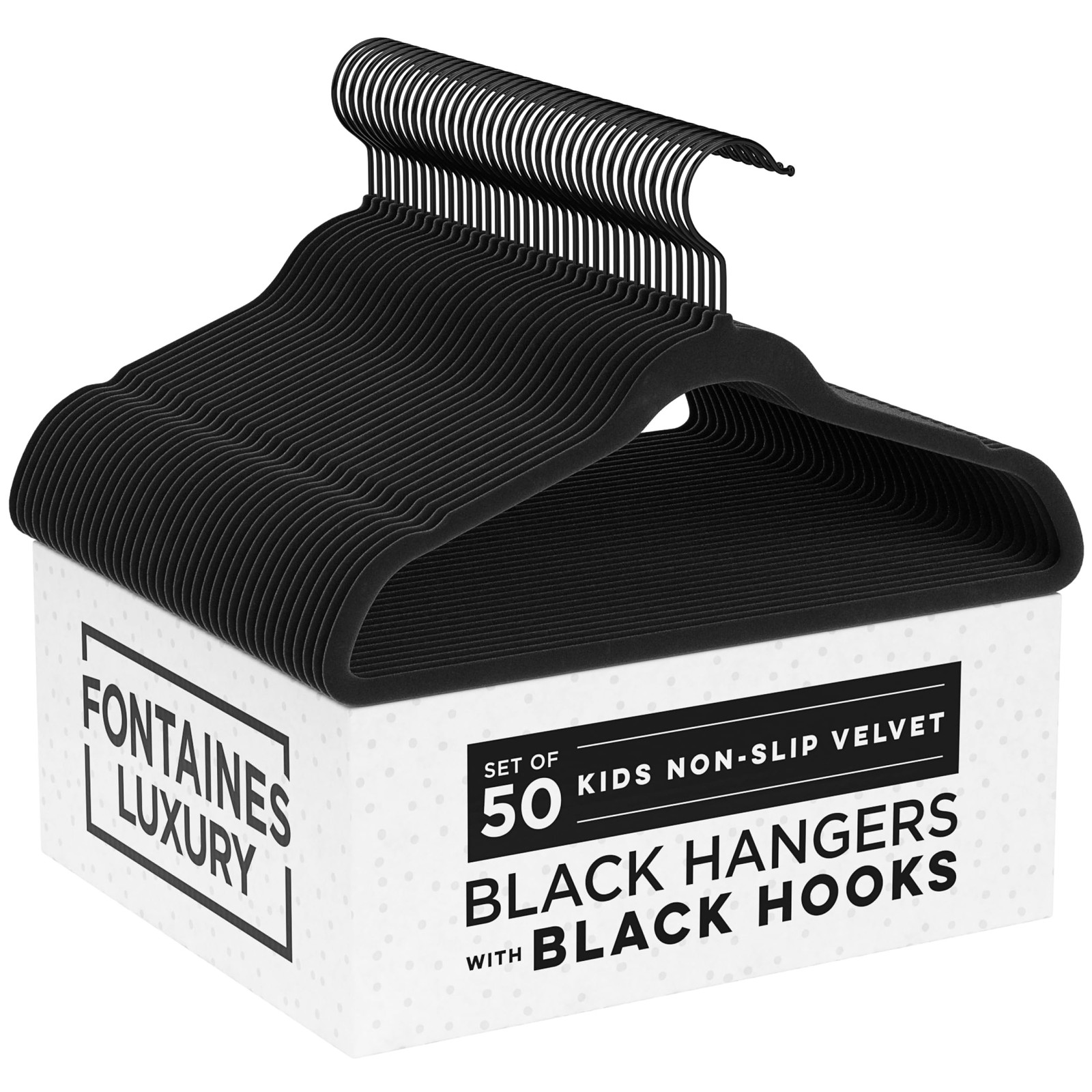 Fontaines Luxury Non-Slip Velvet Kids Clothes Hangers 50 Pack Black