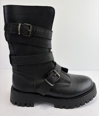 Steve Madden Trenton Black Leather Moto Combat Buckle Boots