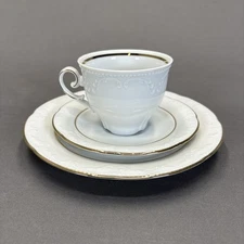 Mitterteich Bavaria Porcelain Trio Teacup Saucer Plate Gold Trim Verge Embossed
