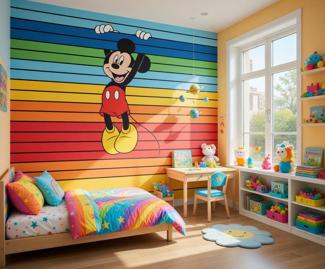 Disney Wallpaper baby bedroom Wall Mural 118x98 inch Mickey Mouse rainbow red