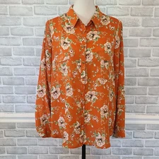 Pleione Floral Chiffon Button Up Blouse Top Feminine Relaxed Orange White XL