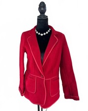 Talbots Womens 14 Red Wool Blend Blazer Jacket Pink Piping Trim Preppy