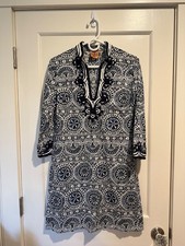 Tory Burch Blue White Medallion Mosaic Tunic Dress Womens 2 Braided Trim Soutach