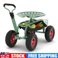 Heavy Duty Garden Stool On Wheels with 360° Swivel Seat & Steering Handle Green