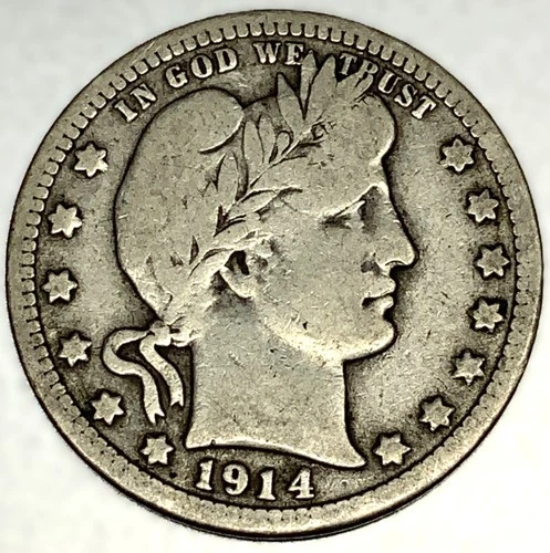 1914-P Barber Quarter Dollar 25 Cents Fine Condition - 1885