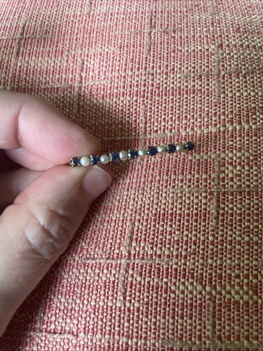 10k Solid Yellow Gold White Pearl & Ceylon Blue Sapphire Bar Pin Brooch 2.09 gm
