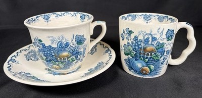 LOT Vintage MASON S FRUIT BASKET BLUE MULTICOLOR CUP & SAUCER& MUG 3 Pieces