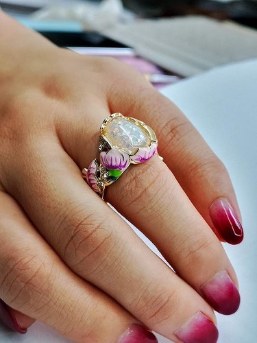 18k Pearl Enamel Painted Flower Bamboo Leaves Ring - Vintage Jewelry With Ful... - Picture 2 of 4