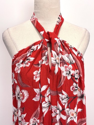NEW Katies Womens Maxi Dress 12 L Red Halter Orchid Floral Flowy Coastal Wedding - Picture 2 of 13