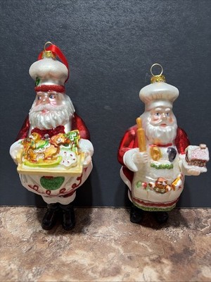 Lot Of 2 Blown Glass Santa Claus Baker Gingerbread House Cookie Ornament