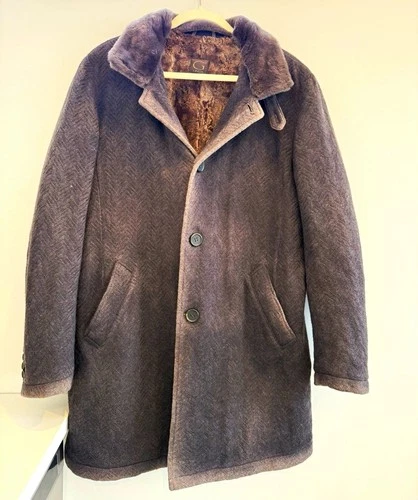 GIMO'S Men’s Brown Herringbone Wool Overcoat Faux Fur Lined Mid-Length M - product listing photo