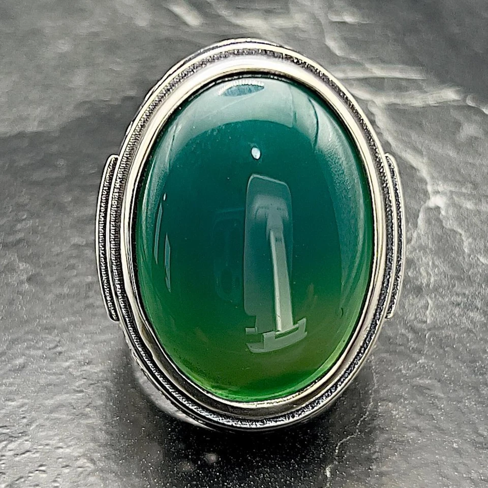 Men’s Handmade Silver Ring With Green Agate, Oval Aqeeq Gemstone, Vintage Style - Image 2 of 4