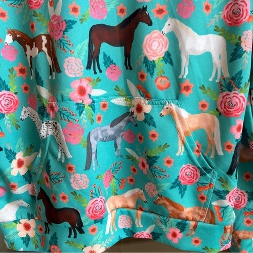 HORSE HOODIE Fun Youth Size Large Green with Multi Colored Horses Long Sleeve - Picture 4 of 6