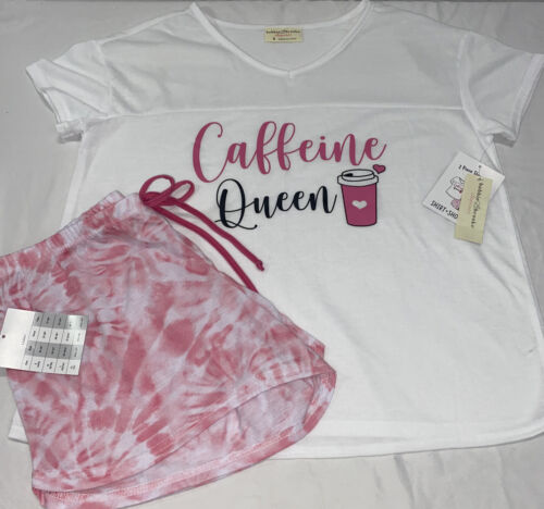 Women’s Pajama Shorts Set Size Small White Pink Tie Dye Coffee New