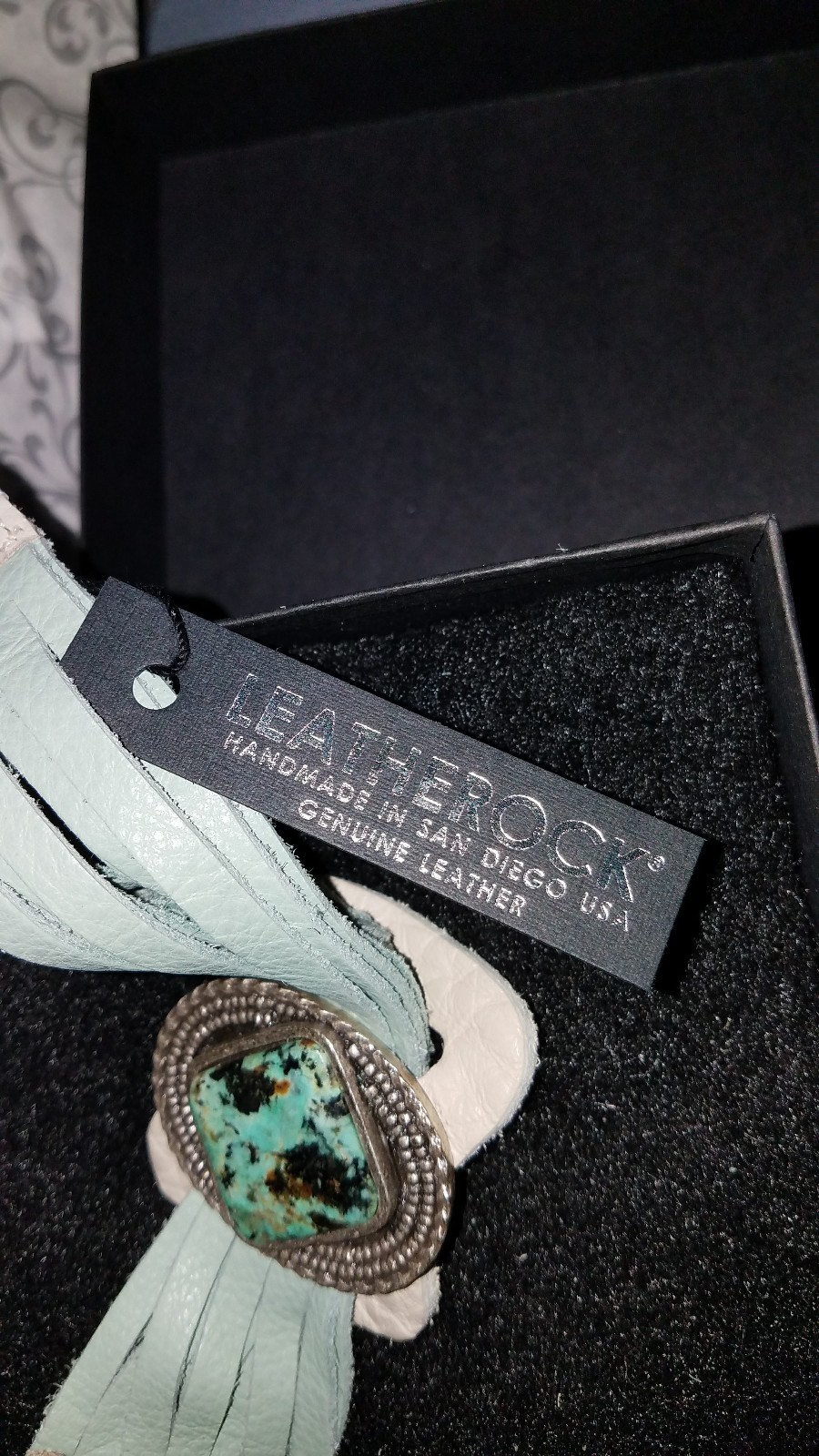 Blue and Cream Leather and Turquoise Bracelet New Ograniczona sprzedaż, HOT
