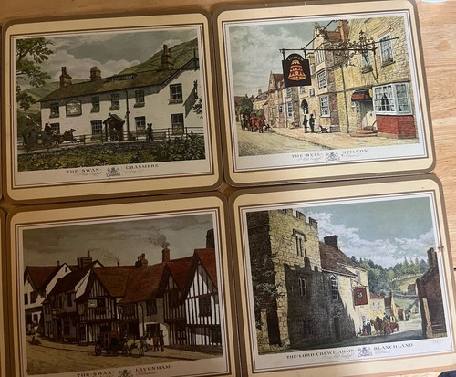 Vintage Set mit sechs großen Pimpernel ENGLISH INNS Untersetzern mit Korkrücken England - Bild 16 von 17