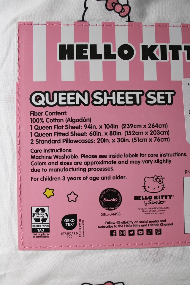 全新无标签 Hello Kitty by Sanrio Queen 4 件套 100% 棉白色 — 第 2/2 张图片