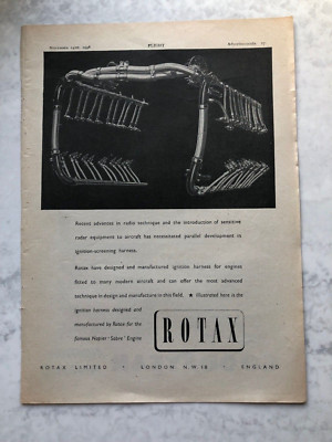 1946 Flugzeug Werbung ROTAX ZÜNDKABELBAUM NAPIER SABRE MOTOR FUNKTECHNIK