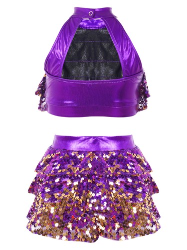 UK Kids Girls Glitter Sequin Dance Leotard Dresses Top with Skirt Set Dancewear - Picture 21 of 256