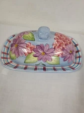 Laurie Gates GATESWARE Blue Pink Floral and Plaid Covered Butter Dish
